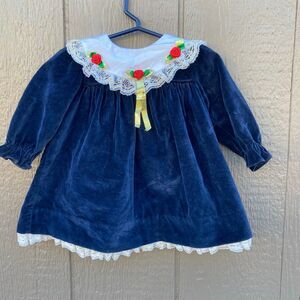 Vintage baby girl size 6-9 months blue holiday Dress velvet with lace christmas